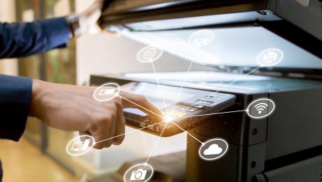 Bussiness,Man,Hand,Press,Button,On,Panel,Of,Printer,With