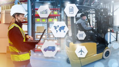 Woman,Inside,Logistics,Warehouse.,Logistics,Warehouse,Worker.,Icons,Symbolizing,International